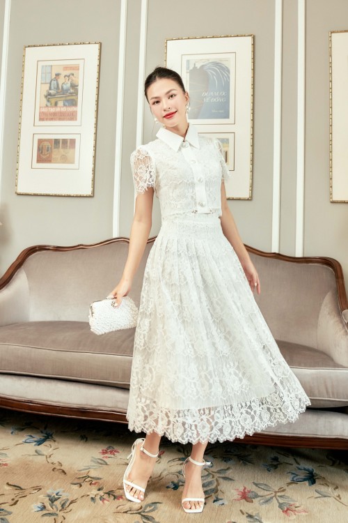 Sixdo White Rose Pleated Midi Lace Skirt